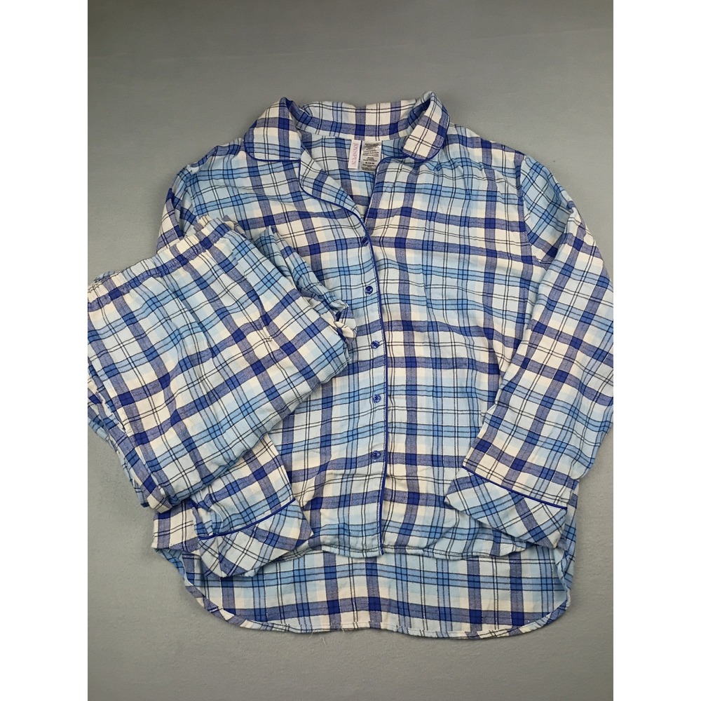Joyspun Womens Blue Plaid Metallic Pajama Set XL 16-18 Long Sleeve Button Down